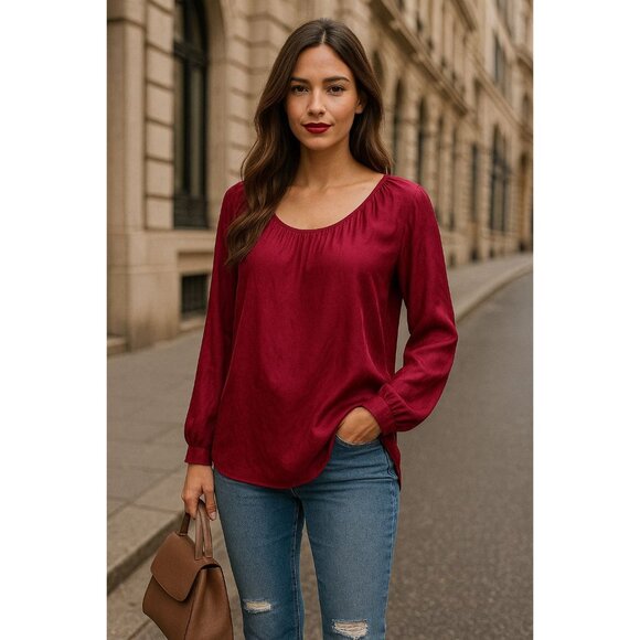 Joie Red Avanti Blouse 100 Percent Silk Long Sleeve Scoop Neck Size Medium - Picture 7 of 14